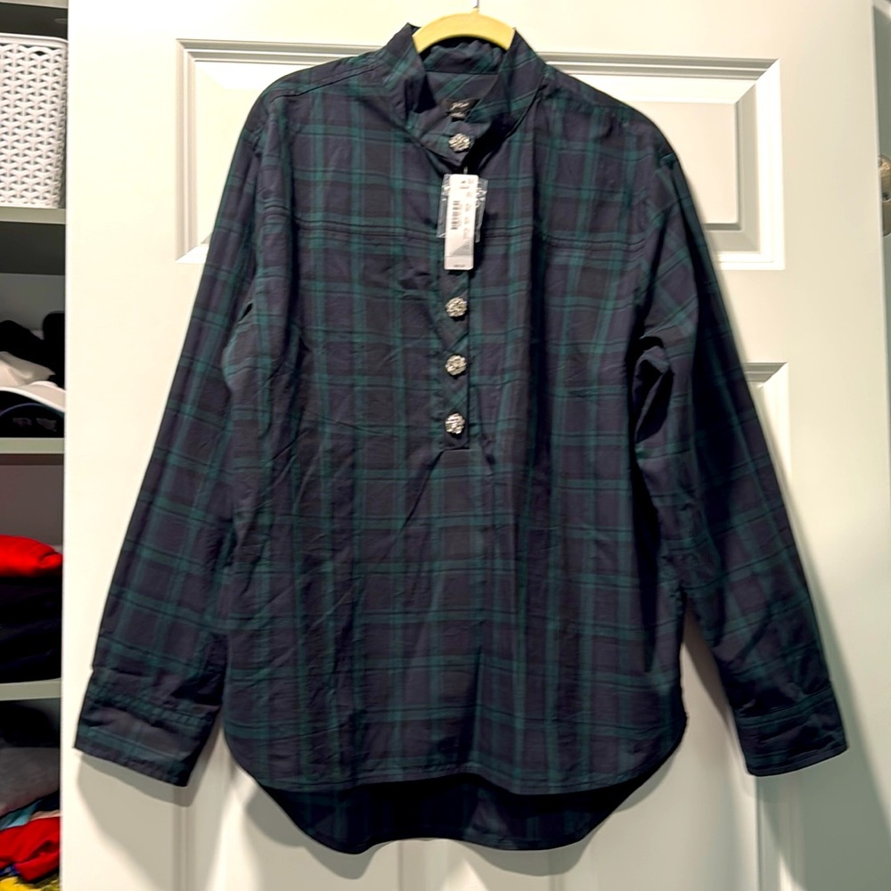 J Crew black watch plaid green black blue tunic cotton with diamond buttons NWT